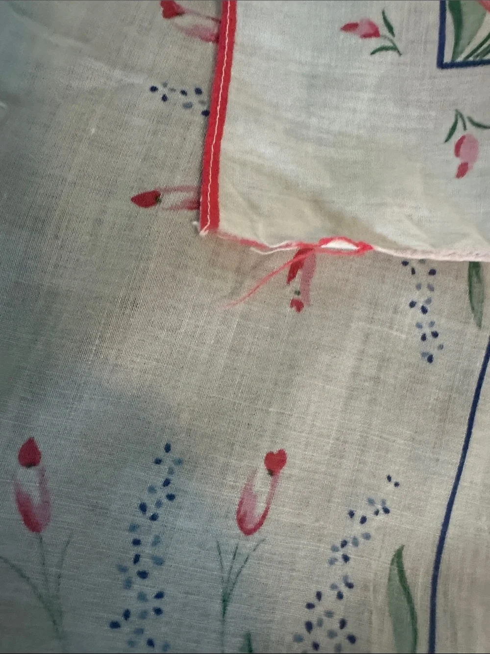 Vintage Floral Cotton Handkerchief with Blue Border